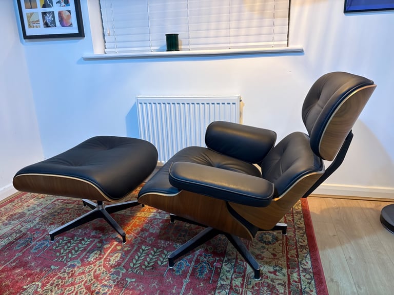 image for Eames Style Lounge Chair & Ottoman Walnut & black leather 