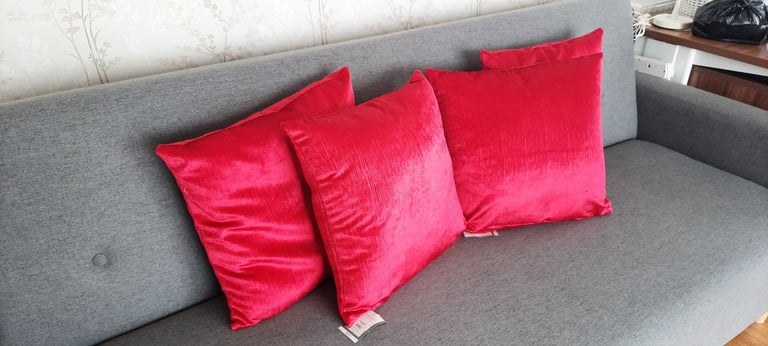 4 New Red Cushions from Dunelm Mill, 43x43cm, 17x17", Velour, Slight Shimmer, RRP £8+£5 each