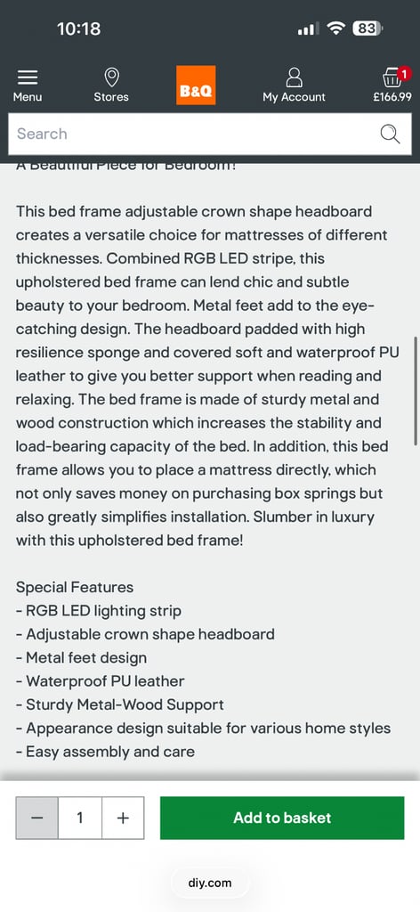 Single Crown bed with Led lights (no mattress)