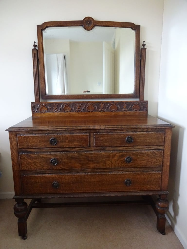 ANTIQUE OAK DRESSING TABLE & CARVED UPSTAND WITH REMOVEABLE MIRROR