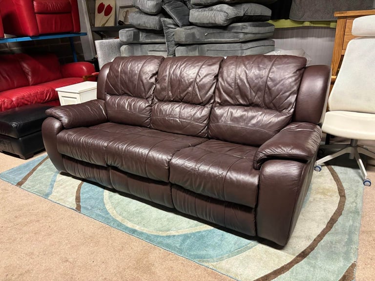 RECLINER Brown Leather 3 Seater Sofa 