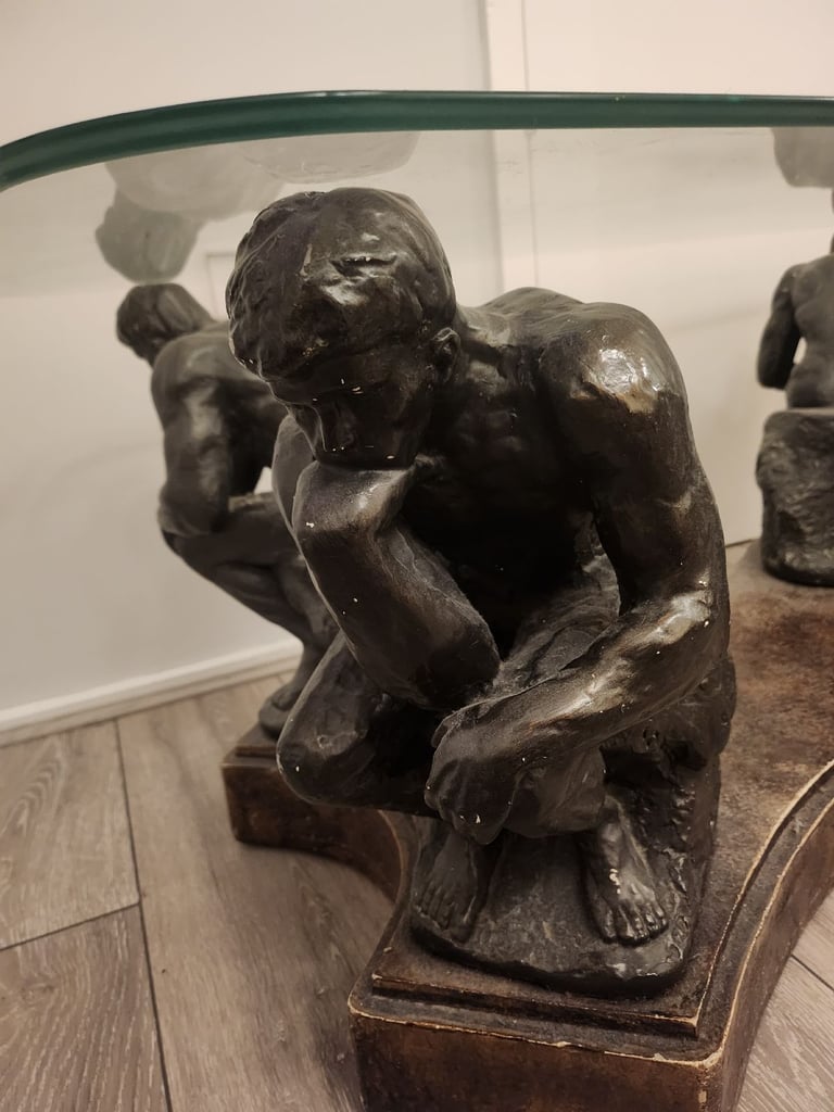 Vintage Gothic Sculpture Glass Top Coffee Table (Heavy Glass Rodin's Thinker Base) GOING IN 3 DAYS