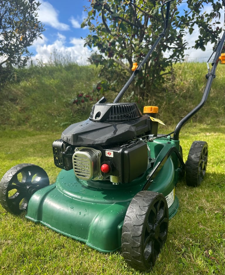 image for Petrol lawnmower like new poly deck won’t rust easy start mower no bag 