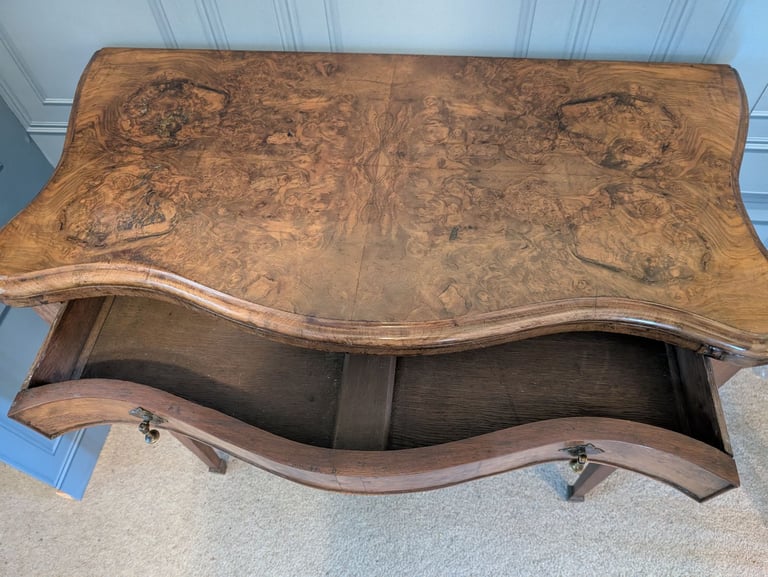 Antique Burr walnut veneer serpentine front side table