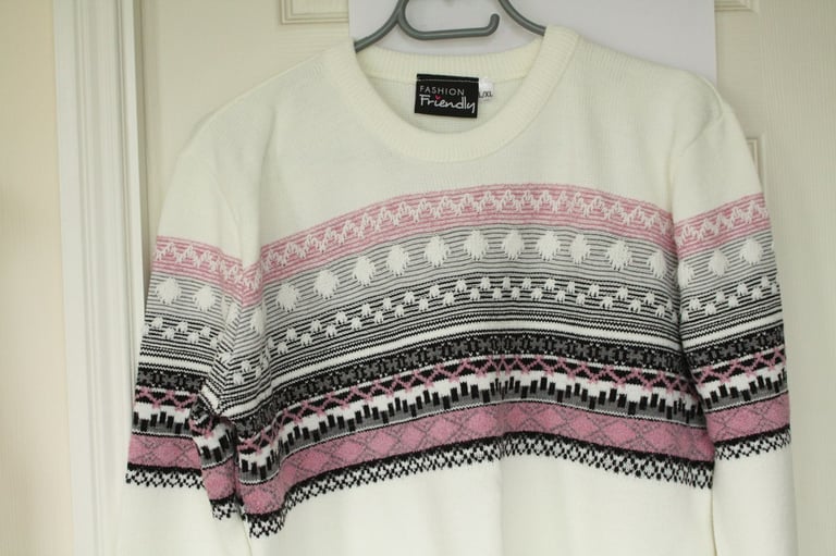 Women's Fashion Friendly, UK Made, Cream Fairisle Crew Neck Jumper size L - XL