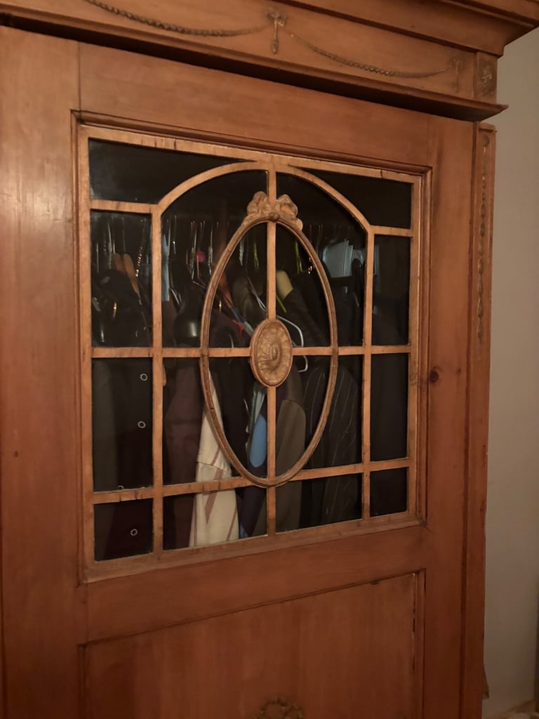 Vintage Art Nouveau large double pine wood wardrobe