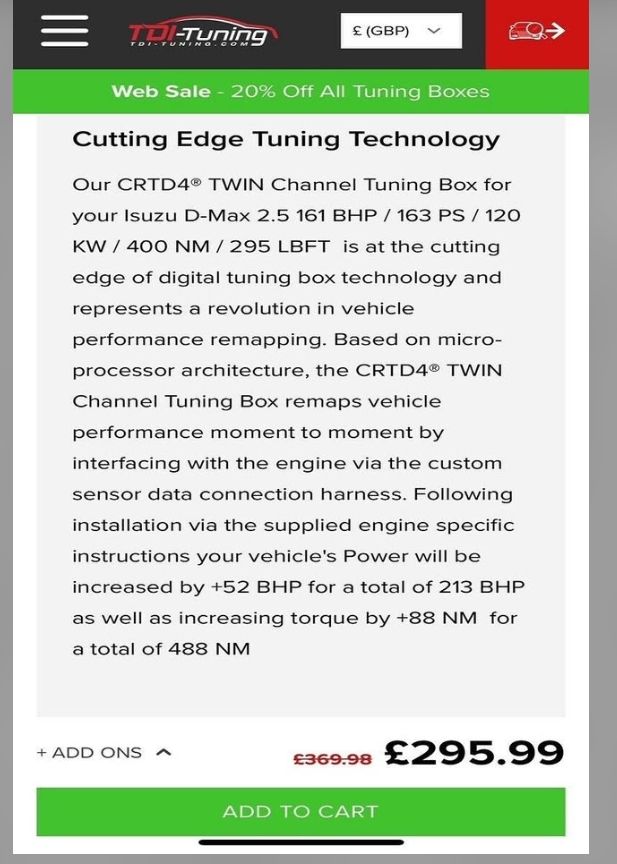 ISUZU D MAX MK2 2.5TD TUNING BOX +52BHP/88NM PARTS SPARES