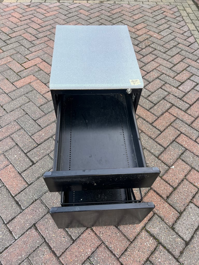 Filing cabinet / storage with 2 drawers black metal with grey worktop. 