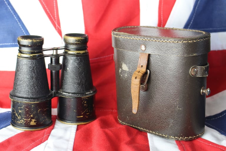 image for Vintage WW1 era "British Made" Binoculars and leather case.