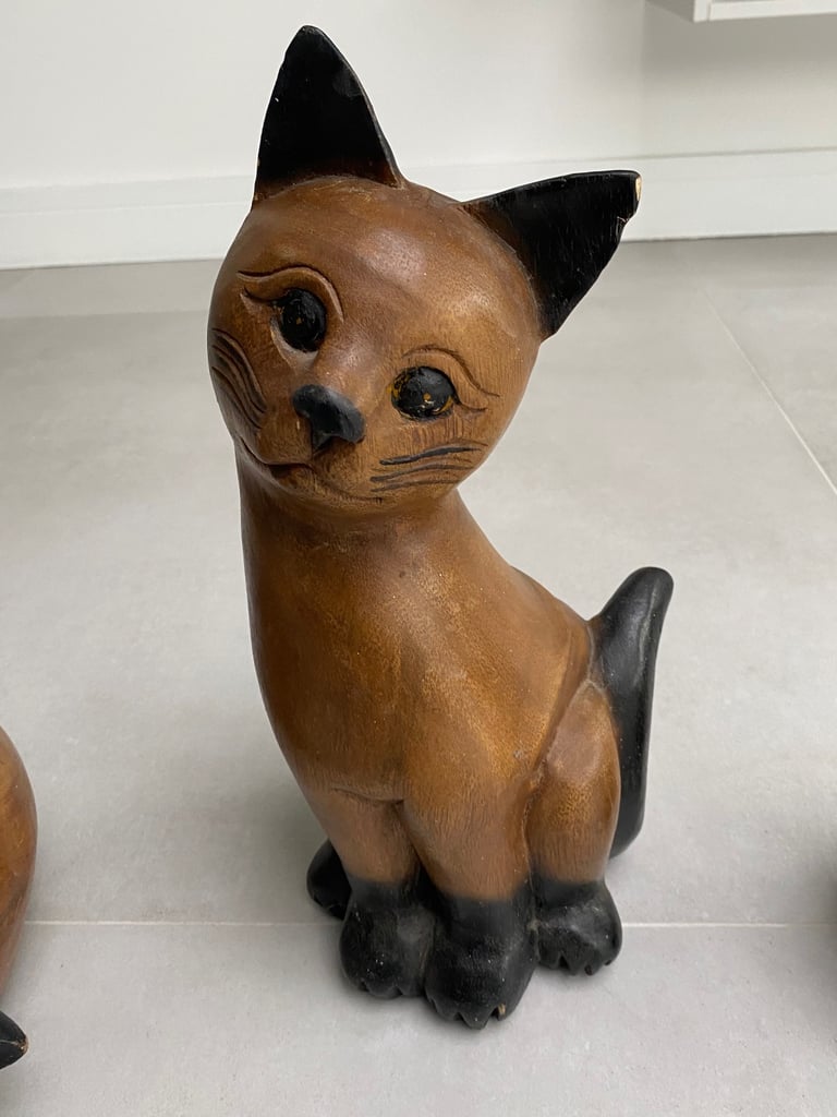 Hand Carved Wooden Cats Set of 3