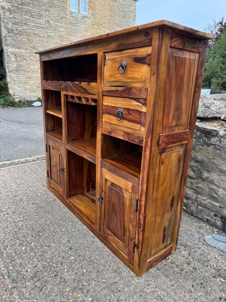 Solid Wood Rustic Bar Cabinet with Wine Rack & Storage”
