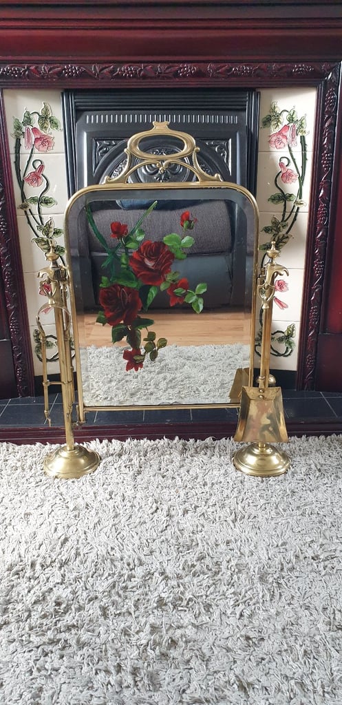 old brass fireplace screen with mirror and companion set