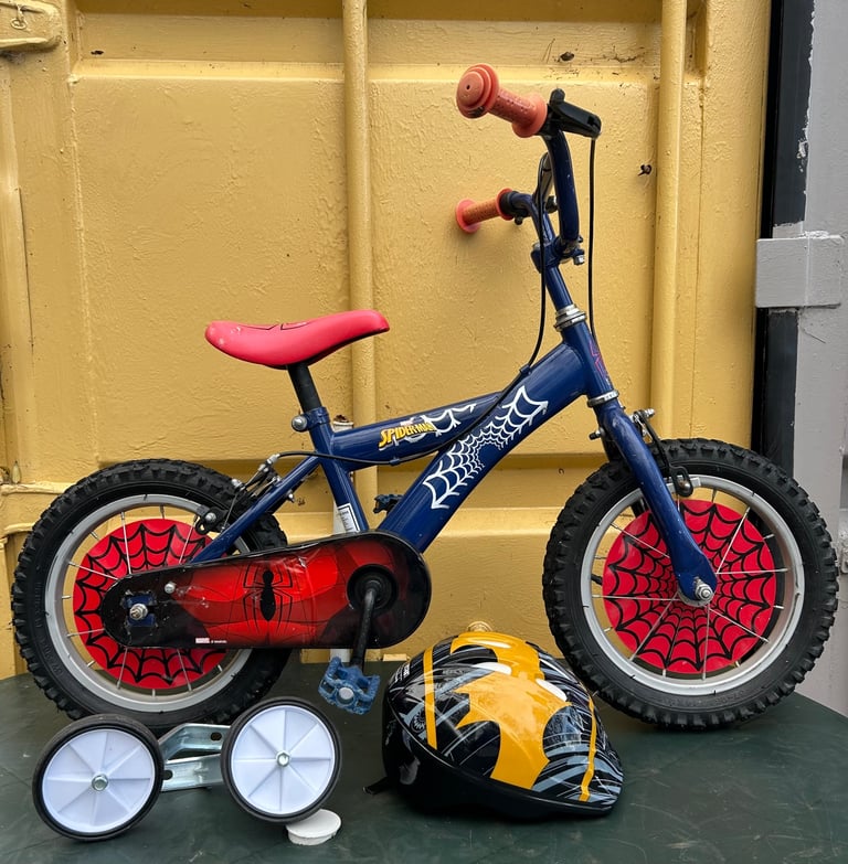 image for Spiderman marvel kids 12” bike pump up tyres stabilisers helmet lot 