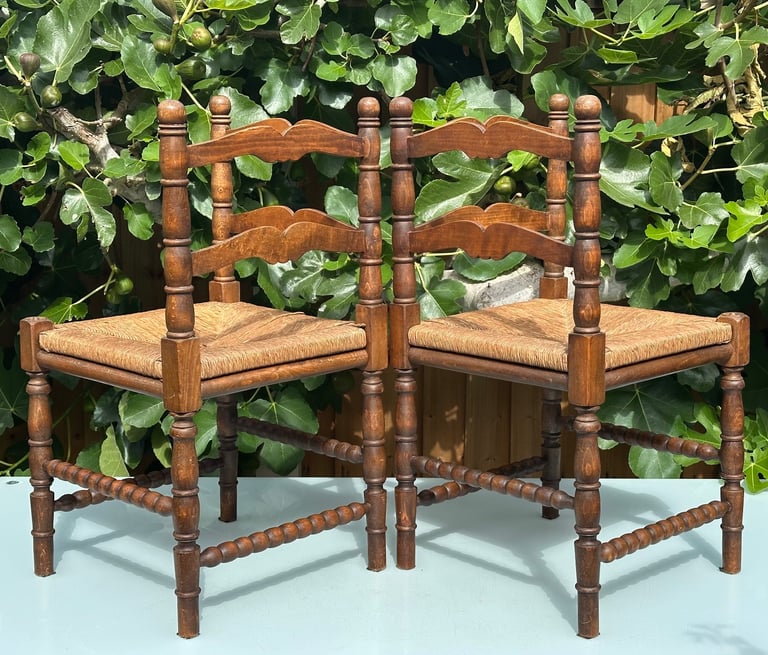 VINTAGE FRENCH BOBBIN LEG CHAIRS, CORNER CHAIRS, RUSH SEAT, H74cm - 1900s ARTS & CRAFTS - WILL POST!
