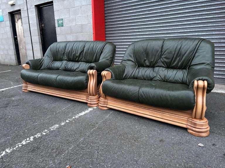Oak Frame Green Leather 2 and 3 Seater Sofas 
