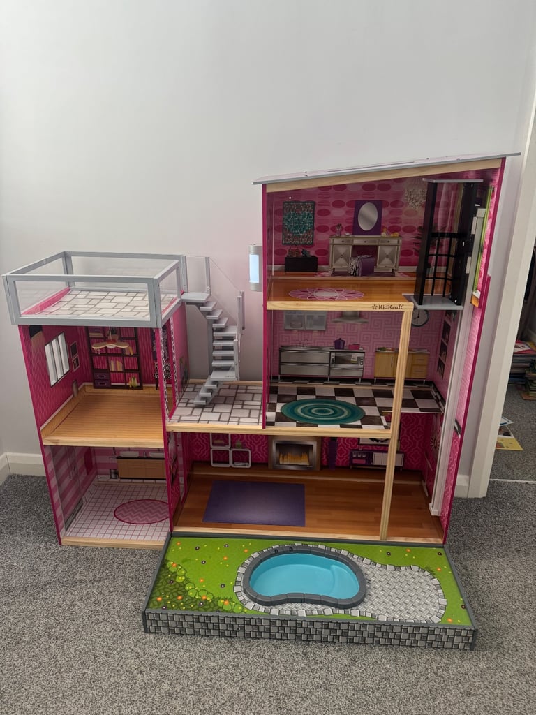 Large dolls house with elevator and pool extension & light