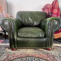 Antique Green Leather Brass Studded Chesterfield Chair 