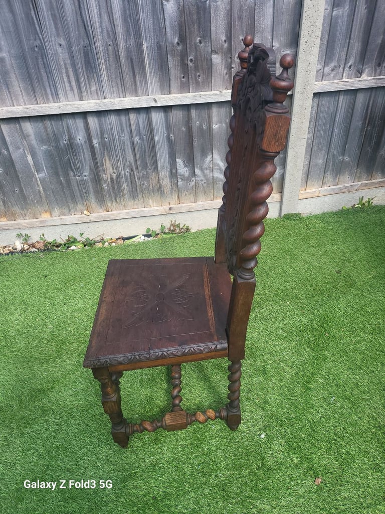 Antique Victorian High Back Heavily Carved Barley Twist Oak Chair Furniture