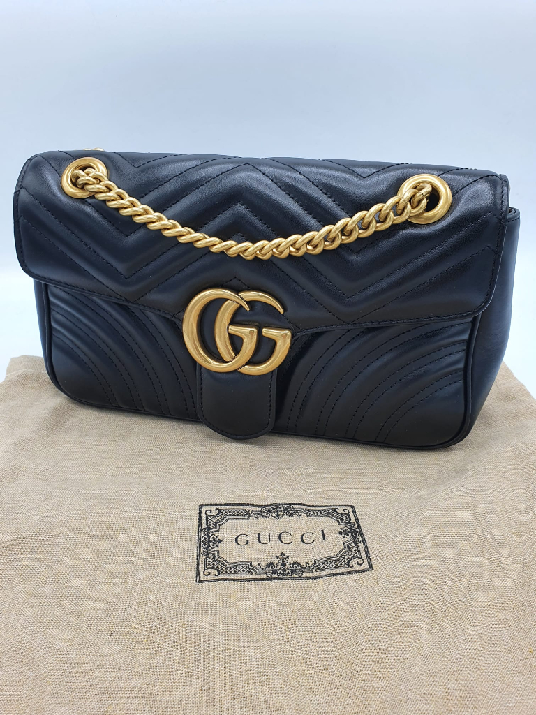 Used Gucci Marmont Matelasse Small Black Leather Handbag for Women