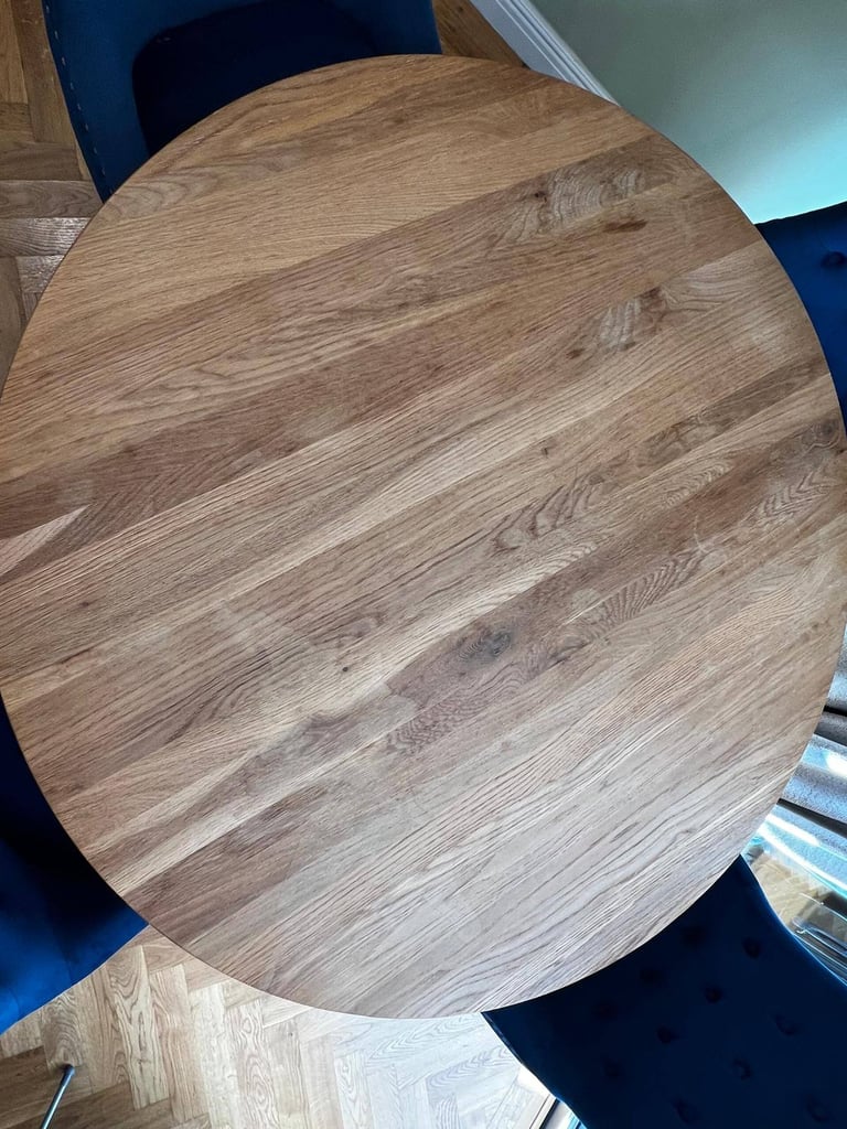 John Lewis Calia 6-Seater Round Oak Dining Table + 4 Blue Bull-Ring Chairs