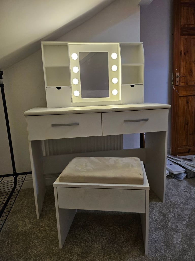 White Dressing Table with Mirror and Stool