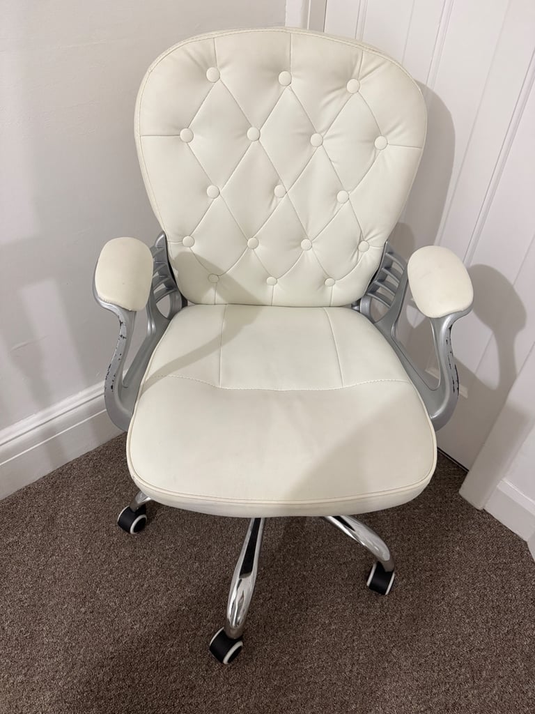 Faux White Leather Ergonomic Office Desk Chair with Wheels by Living & Home