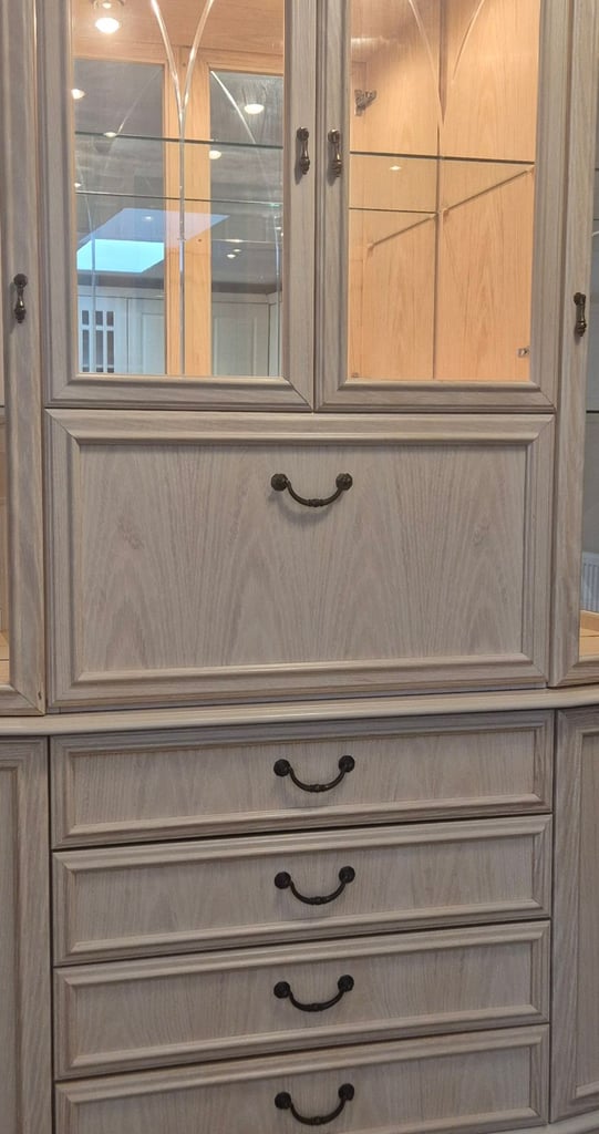 G Plan Limed Oak Large Display Mirrored Cabinet in limed oak with lighting and glass doors.