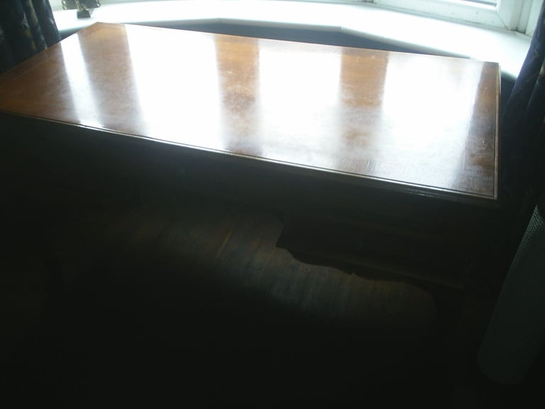 Writing Desk & Chair. Queen Ann Style 5 Drawer Walnut Desk & High Back Padded Chair 