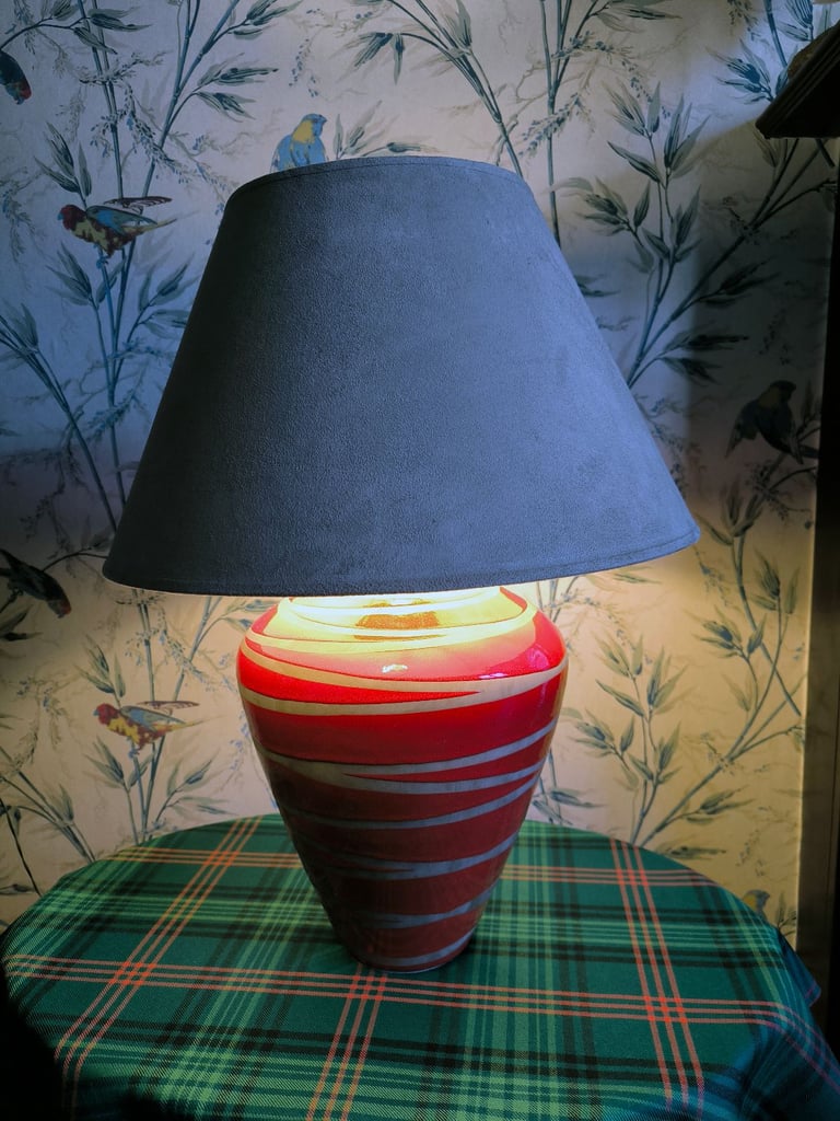 Matching Pair of Red Ceramic Table Lamps with Tan shades