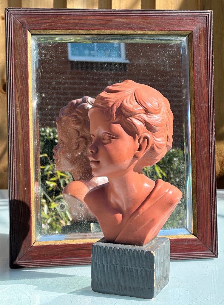 ANTIQUE FRENCH PLASTER BUST OF A YOUNG BOY, PAINTED CHALKWARE STATUE, 27cm tall - 1900s - WILL POST!