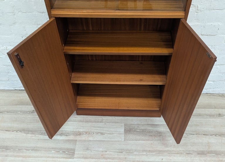 Mid century teak and tiger wood glazed tall bookcase cabinet 