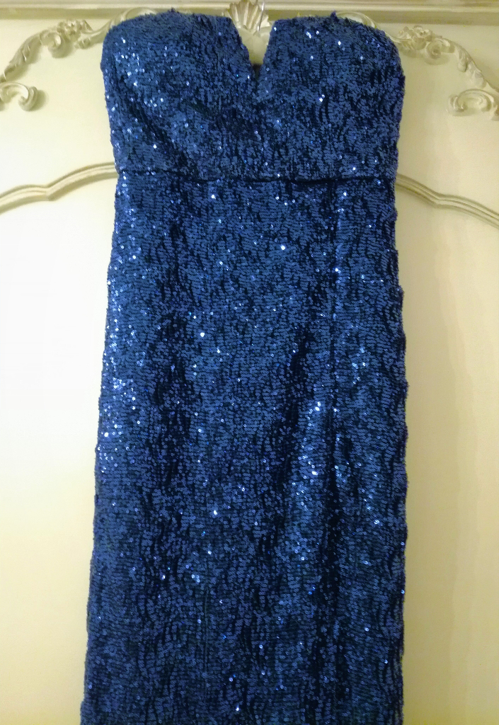 AMY CHILDS BLUE SEQUIN DRESS Designer Maxi Long Hour Glass Fit Strapless Boned Side Split Style