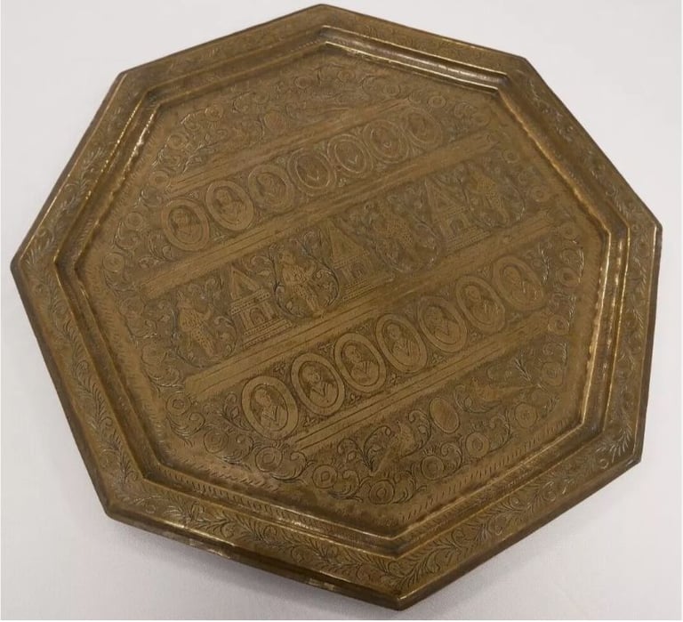 Share Antique Vintage Indian Carved Hammered Brass Tray Hexagonal 1.85kg Birds Monks