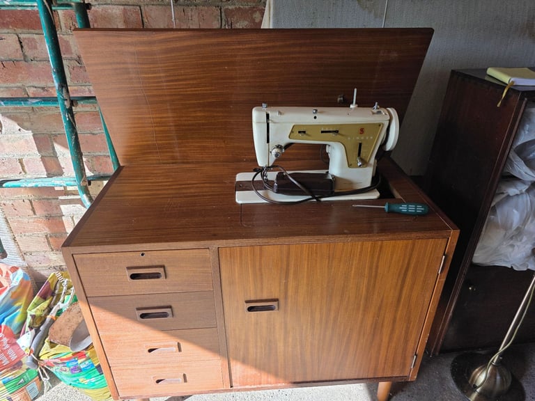 image for Vintage 1960's Singer sewing machine in cabinet + accessories Set prop display etc