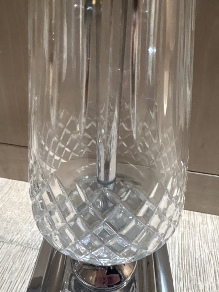 Pair of cut crystal & stainless steel table lamps (no shades)