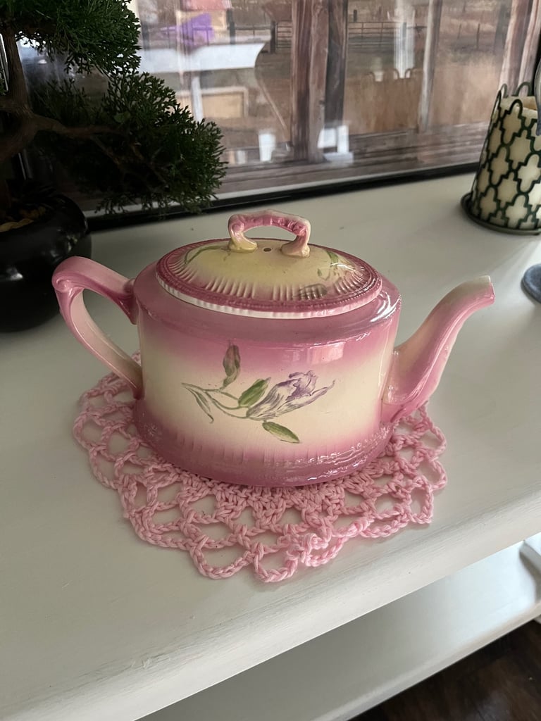 image for ⸻  💗 Vintage Pink Floral Teapot with Crocheted Doily – Cottage Charm