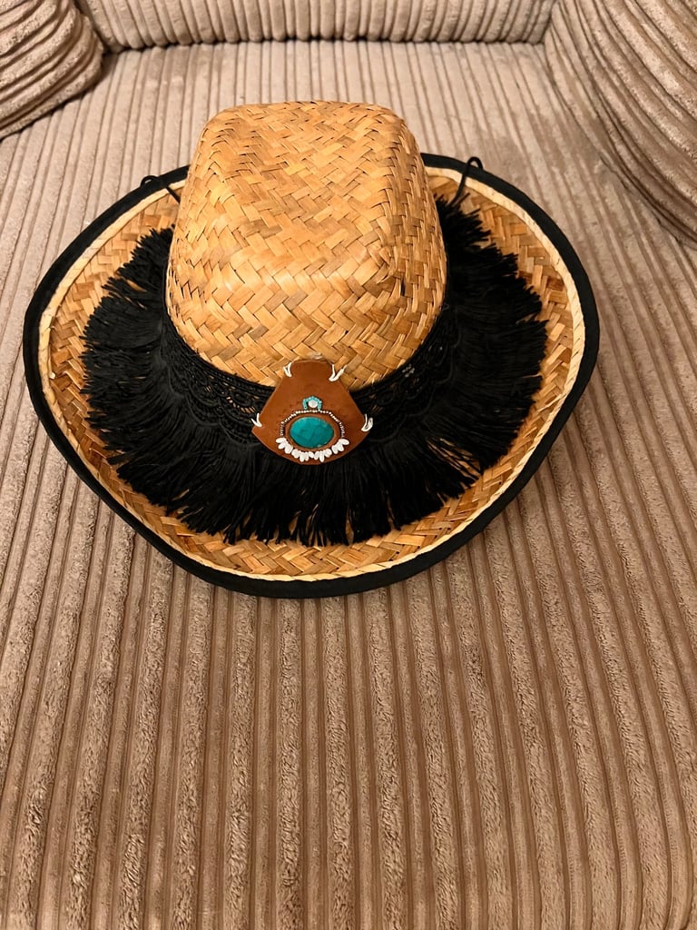 image for Straw cowgirl hat with black lace