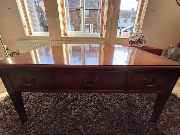 Bradley Furniture Burr Yew Wood Two Drawer Coffee Table + Butlers Serving Trays