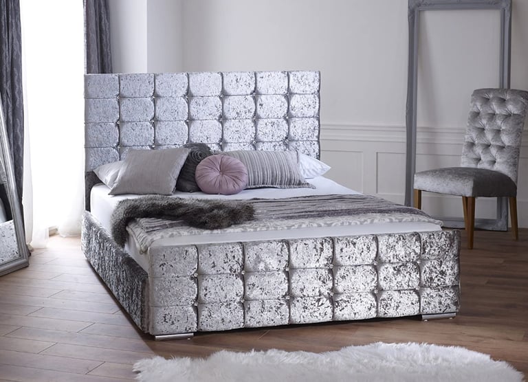 Velvet cube, Double bed & double padded sprung mattress, silver. heavy duty bed. 