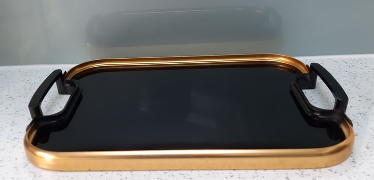 image for Vintage Lumium tea tray: black gloss with gold metal trim + original label. Retro prop?