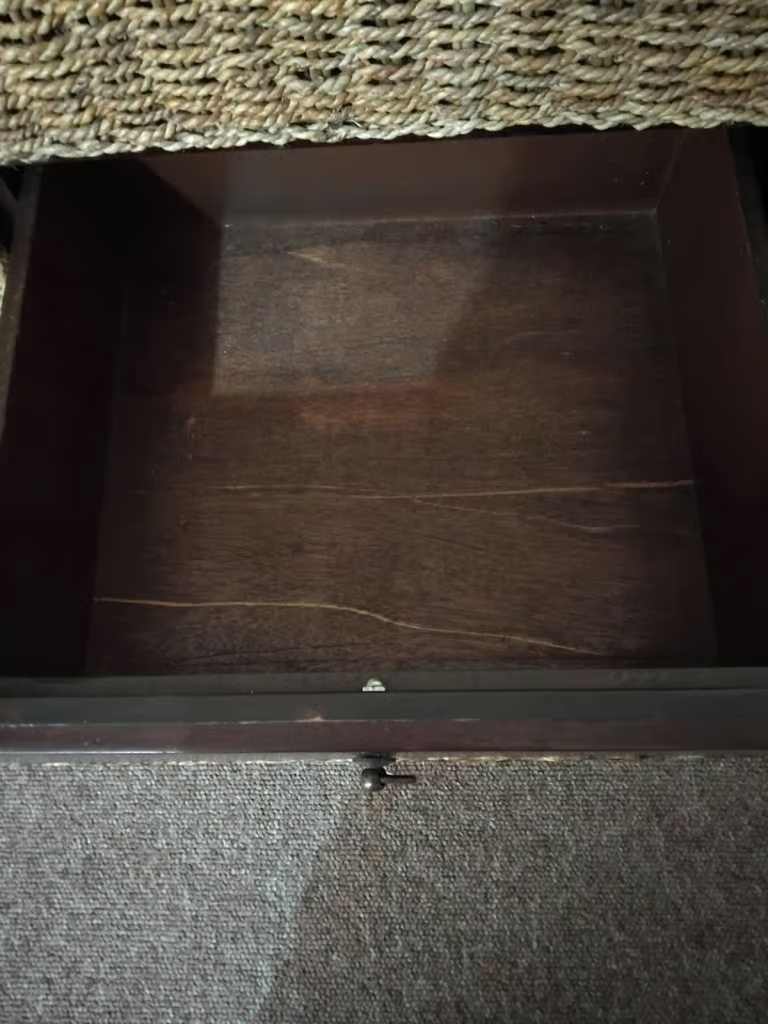 Excellent Quality and Great Condition Heavy Dark Wood and Wicker Chest of Drawers With 6 Drawers