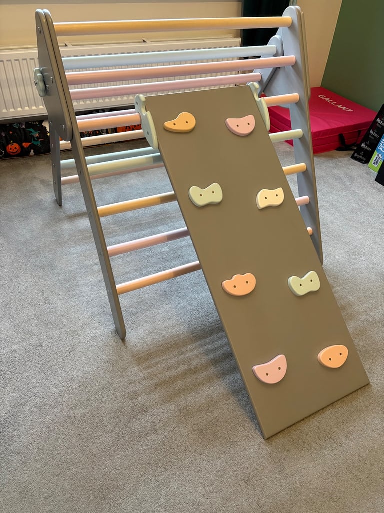 Handmade Montessori wooden triangle climbing set with slide / climbing wall