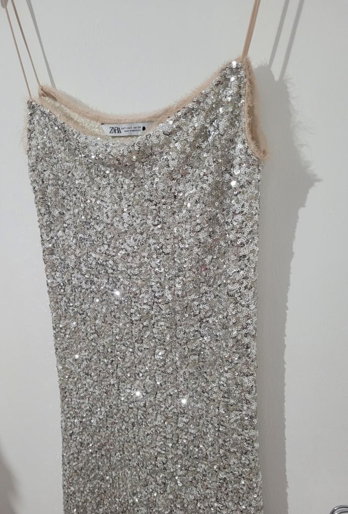 image for Zara silver sequin sparkly long maxi dress size 6 - 8 - 10 small