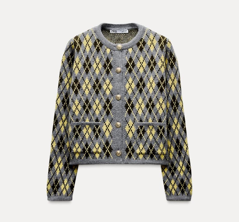 image for Women Argyle Heavy Knit CardigZARA Brand New with tags Zara an Jumper Grey Green Yellow Size Small