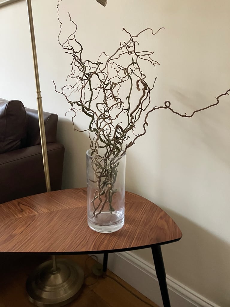 image for Glass vase with twisted/corkscrew hazel. Collect Fulham