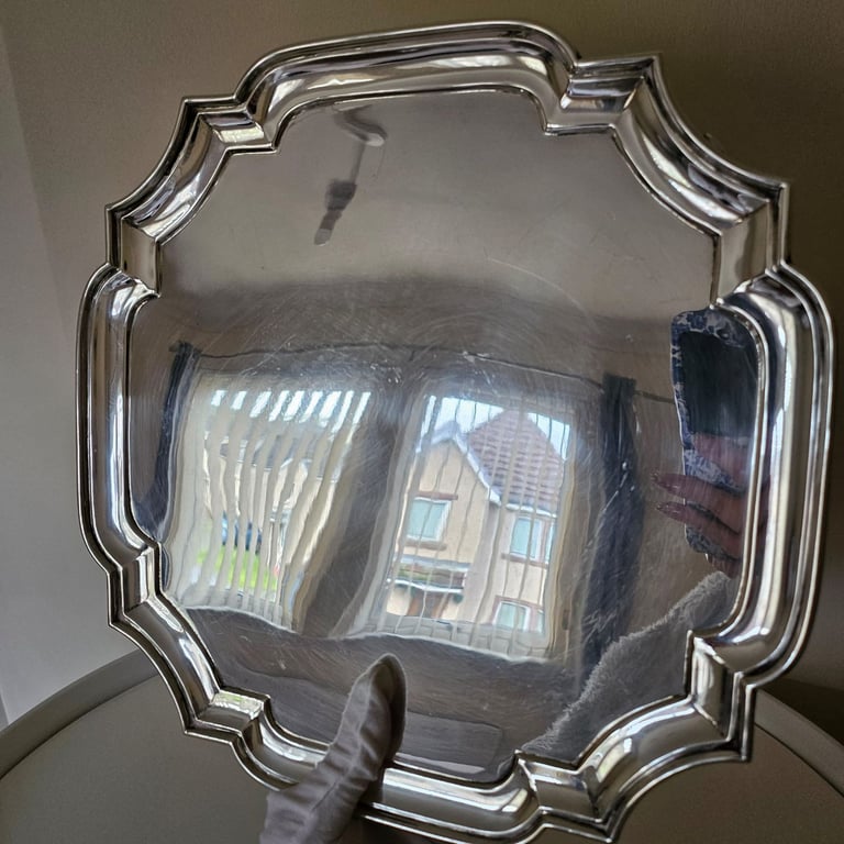 12 inch  Heavy Square Antique Sterling Silver Salver, London, 1052g 