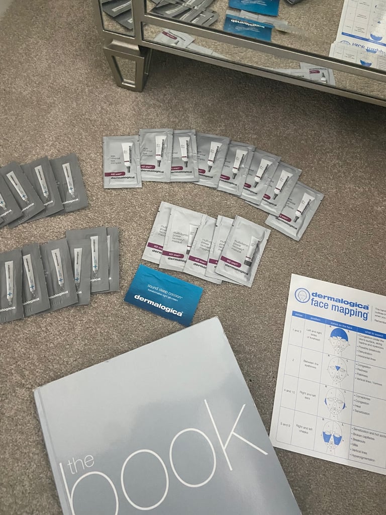 DERMALOGICA Cosmetic / Toiletry Bag, Product a guide & 32 Sample Sized Products 