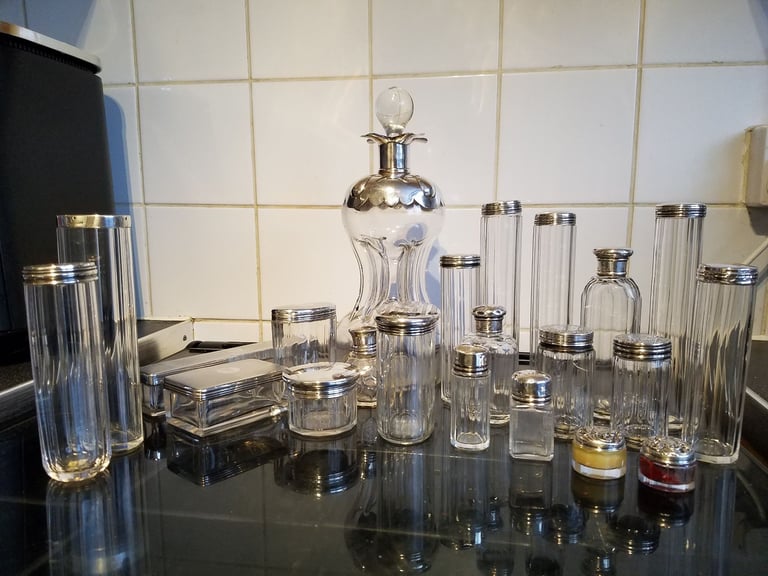 Antique Vanity Jars With Sterling Silver Lids.