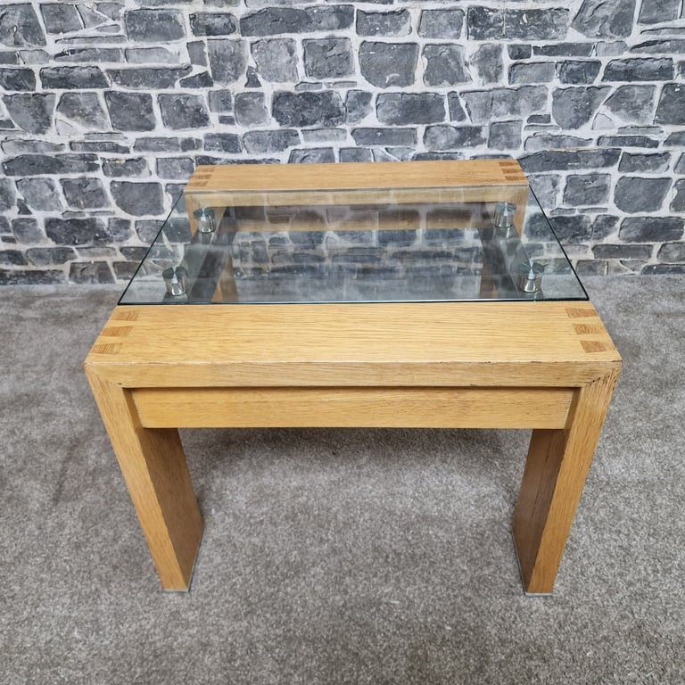 Modern Oak & Glass Side Table with Brushed Steel Detail