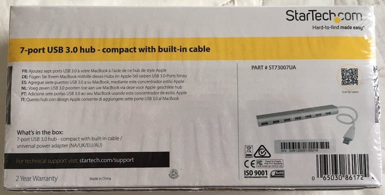 7- Port Compact USB 3.0 Hub with Built-in Cable